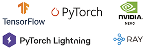 TensorFlow, PyTorch, NVIDIA NeMo, PyTorch Lightning, RAY 로고